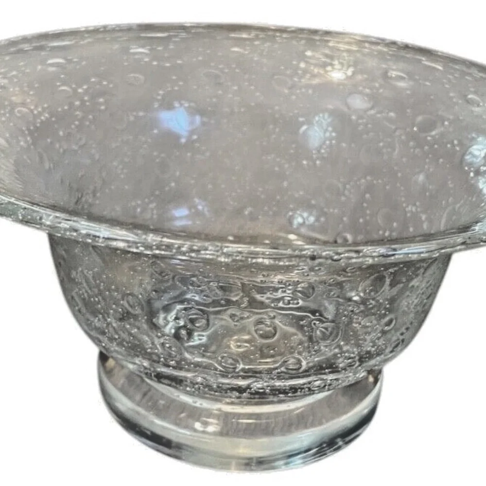Vintage Hand Blown Footed Clear Art Glass Bowl Dish With Large Air‎ Bubbles